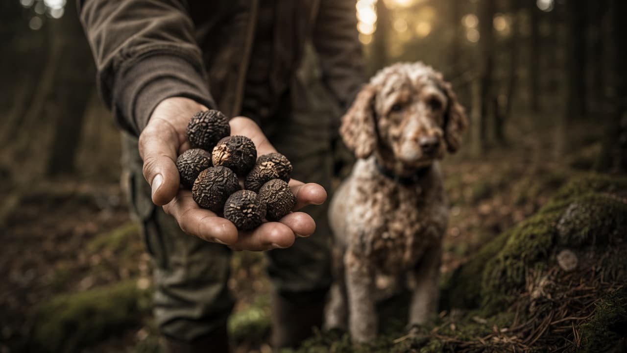 Trained truffle-hunting dog with a Fera Tartufi hunter in the forest